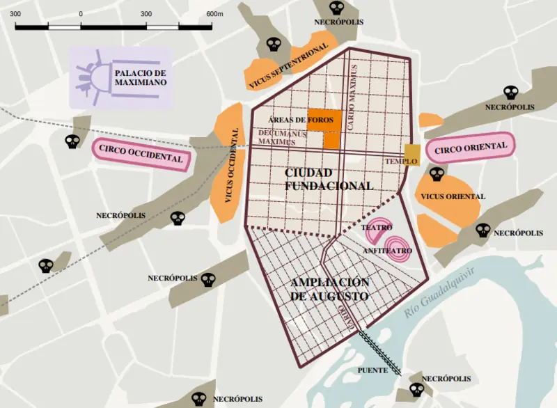 Plano esquemático de la antigua Corduba en la época romana. El mapa muestra la "Ciudad Fundacional" y la "Ampliación de Augusto", con sus calles principales como el Cardo Maximus y el Decumanus Maximus. Se identifican las áreas de foros, el Templo Romano, el Teatro, el Anfiteatro, los circos y las necrópolis, así como el Puente Romano sobre el río Guadalquivir.