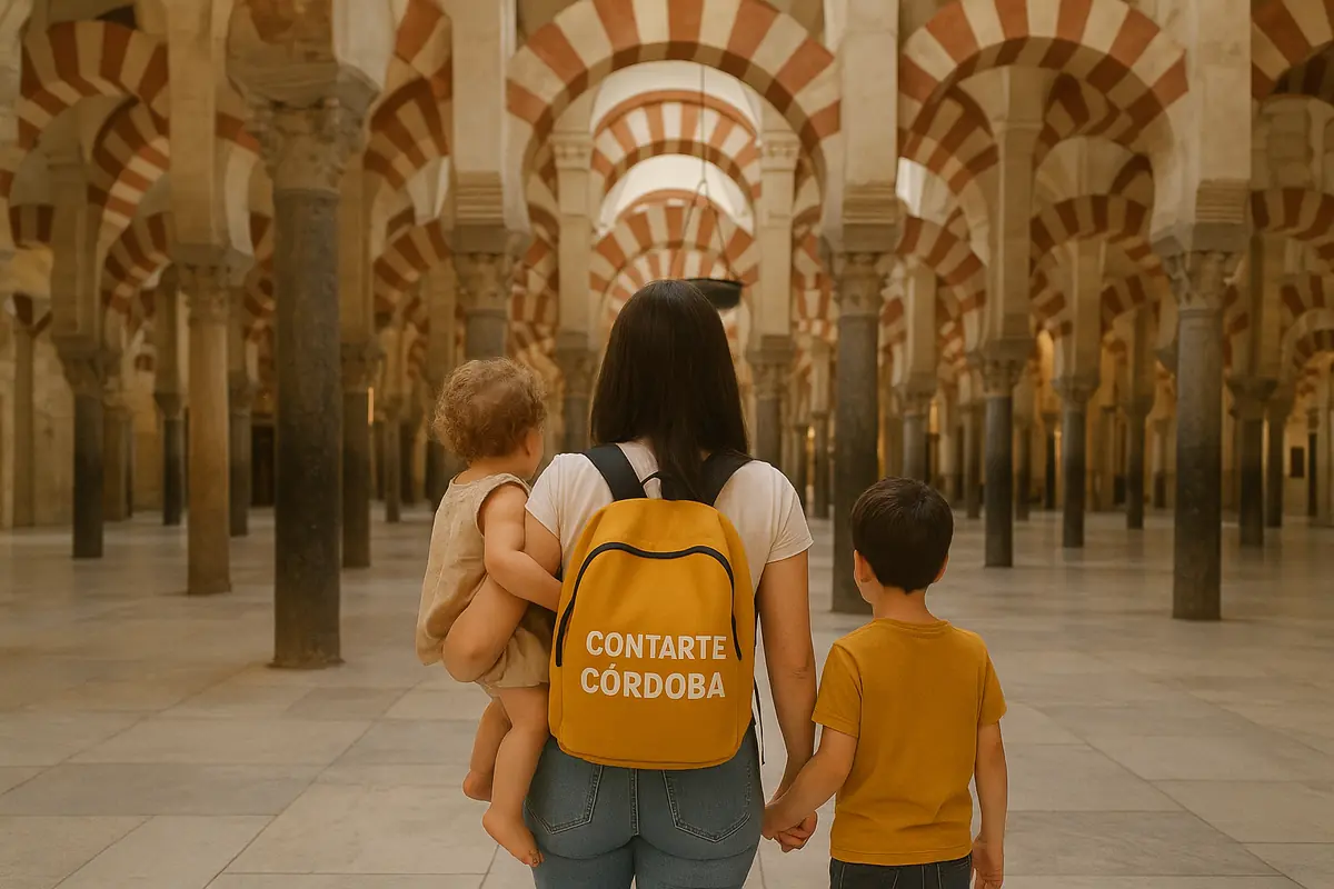 Familia contemplando el bosque de columnas y los arcos bicolores en el interior de la Mezquita de Córdoba.