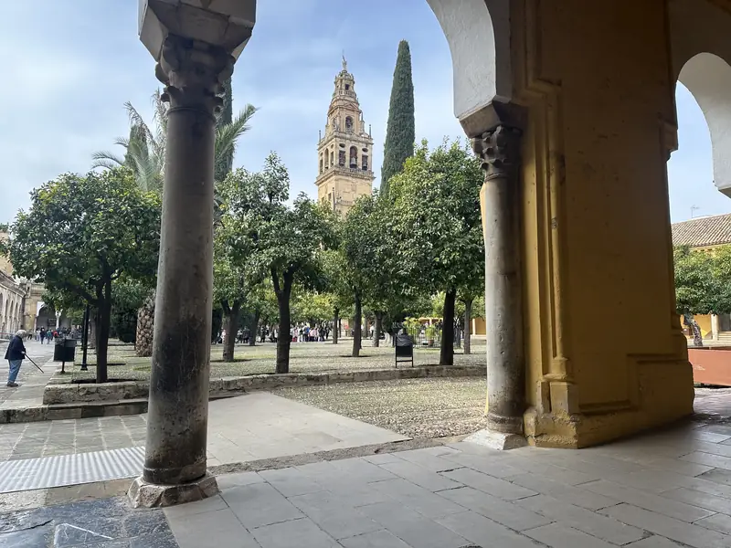 Vista de la Torre del Campanario de la Mezquita-Catedral de Córdoba enmarcada por columnas de piedra y arcos de la galería, con los árboles del Patio de los Naranjos bajo un cielo despejado.