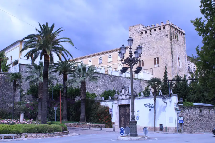 Castillo de los Condes de Cabra entre palmeras, en Cabra (Córdoba)